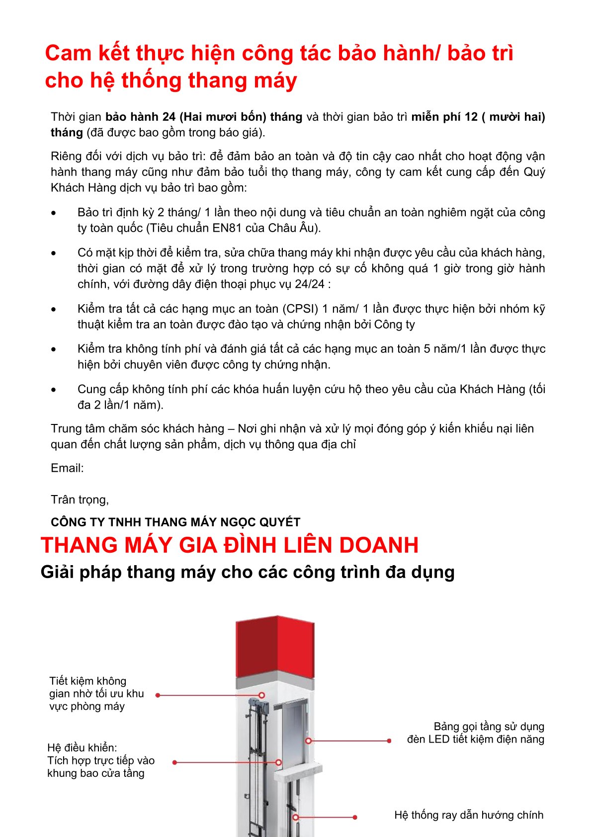 Tài liệu giới thiệu dịch vụ bảo hành bảo trì và thang máy gia đình liên doanh của Công ty Thang Máy Ngọc Quyết